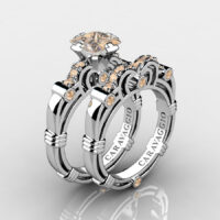Art Masters Caravaggio 14K White Gold 1.25 Ct Princess Champagne Diamond Engagement Ring Wedding Band Set R623PS-14KWGCHD