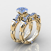 Art Masters Caravaggio 14K Yellow Gold 1.25 Ct Princess Light Blue Sapphire Engagement Ring Wedding Band Set R623PS-14KYGLBS