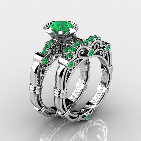 Art-Masters-Caravaggio-10K-White-Gold-1-0-Ct-Emerald-Engagement-Ring-Wedding-Band-Set-R623S-10KWGEM-P