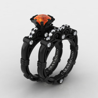 Art Masters Caravaggio 14K Black Gold 1.0 Ct Orange Sapphire Diamond Engagement Ring Wedding Band Set R623S-14KBGDOS