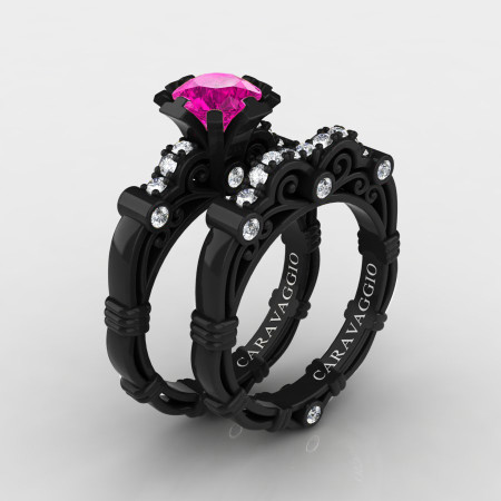 Art-Masters-Caravaggio-14K-Black-Gold-1-0-Carat-Pink-Sapphire-Diamond-Engagement-Ring-Wedding-Band-Set-R623S-14KBGDPS-P