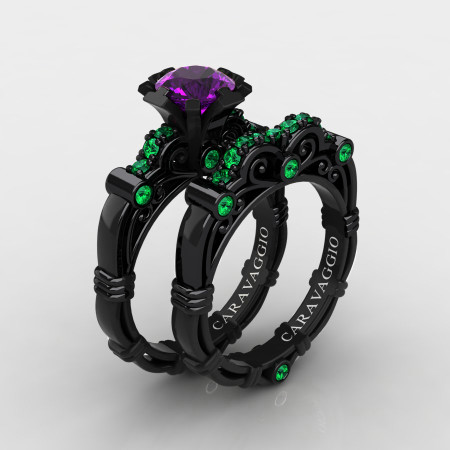 Art-Masters-Caravaggio-14K-Black-Gold-1-0-Ct-Amethyst-Emerald-Engagement-Ring-Wedding-Band-Set-R623S-14KBGEMAM-P