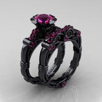 Art Masters Caravaggio 14K Black Gold 1.0 Ct Pink Sapphire Engagement Ring Wedding Band Set R623S-14KBGPS