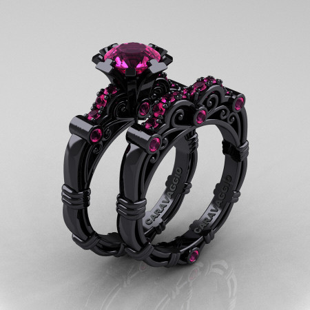 Art-Masters-Caravaggio-14K-Black-Gold-1-Carat-Pink-Sapphire-Engagement-Ring-Wedding-Band-Set-R623S-14KBGPS-P