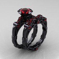 Art Masters Caravaggio 14K Black Gold 1.0 Ct Ruby Engagement Ring Wedding Band Set R623S-14KBGR