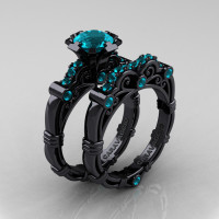 Art Masters Caravaggio 14K Black Gold 1.0 Ct Blue Zircon Engagement Ring Wedding Band Set R623S-14KBGBZ