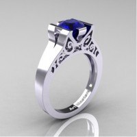 Modern Art Deco 14K White Gold 1.0 Ct Blue Sapphire Engagement Ring R36N-14KWGBS