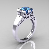 Modern Art Deco 14K White Gold 1.0 Ct Blue Topaz Engagement Ring R36N-14KWGBT