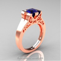 Modern Art Deco 14K Rose Gold 1.0 Ct Blue Sapphire Engagement Ring R36N-14KRGBS