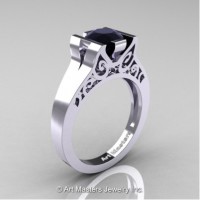 Modern Art Deco 14K White Gold 1.0 Ct Black Diamond Engagement Ring R36N-14KWGBD