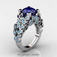 Art Masters Nature Inspired 14K White Gold 3.0 Ct Blue Sapphire Emerald Engagement Ring R299-14KWGEMBS