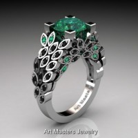 Art Masters Nature Inspired 14K White Gold 3.0 Ct Emerald Black Diamond Engagement Ring R299-14KWGBDEM