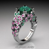 Art Masters Nature Inspired 14K White Gold 3.0 Ct Emerald Pink Sapphire Engagement Ring R299-14KWGPSEM