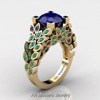 Art Masters Nature Inspired 14K Yellow Gold 3.0 Ct Blue Sapphire Emerald Engagement Ring R299-14KYGEMBS