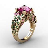 Art Masters Nature Inspired 14K Yellow Gold 3.0 Ct Pink Sapphire Emerald Engagement Ring R299-14KYGEMPS