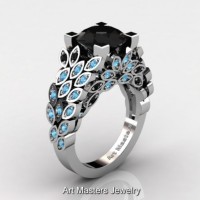 Art Masters Nature Inspired 14K White Gold 3.0 Ct Black Diamond and Blue Topaz Engagement Ring R299-14KWGBTBD