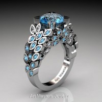 Art Masters Nature Inspired 14K White Gold 3.0 Ct Blue Topaz Blue Sapphire Engagement Ring R299-14KWGBSBT