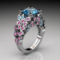 Art Masters Nature Inspired 14K White Gold 3.0 Ct Blue Topaz Pink Sapphire Engagement Ring R299-14KWGPSBT