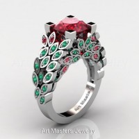 Art Masters Nature Inspired 14K White Gold 3.0 Ct Rubies Emerald Engagement Ring R299-14KWGEMR