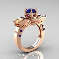 Art Masters Jewelry Winged Skull 14K Rose Gold 1.0 Ct Blue Sapphire Solitaire Engagement Ring R613-14KRGBS