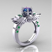 Art Masters Jewelry Winged Skull 14K White Gold 1.0 Ct Alexandrite Emerald Solitaire Engagement Ring R613-14KWGEMAL