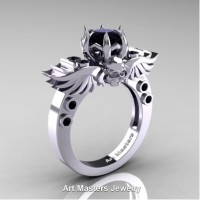 Art Masters Jewelry Winged Skull 14K White Gold 1.0 Ct Black Diamond Solitaire Engagement Ring R613-14KWGBD