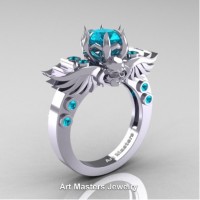 Art Masters Jewelry Winged Skull 14K White Gold 1.0 Ct Blue Zircon Solitaire Engagement Ring R613-14KWGBZ