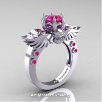 Art Masters Jewelry Winged Skull 14K White Gold 1.0 Ct Pink Sapphire Solitaire Engagement Ring R613-14KWGPS