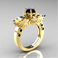 Art Masters Jewelry Winged Skull 14K Yellow Gold 1.0 Ct Black Diamond Solitaire Engagement Ring R613-14KYGBD