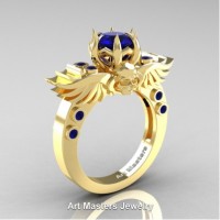 Art Masters Jewelry Winged Skull 14K Yellow Gold 1.0 Ct Blue Sapphire Solitaire Engagement Ring R613-14KYGBS