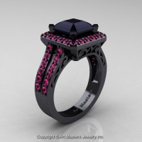 Art Deco 14K Black Gold 3.0 Ct Royal Emerald Cut Black Diamond Ruby Engagement Ring Wedding R262-14KBGRBD
