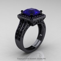 Art Deco 14K Black Gold 3.0 Ct Royal Emerald Cut Blue Sapphire Black Diamond Engagement Ring Wedding R262-14KBGBDBS