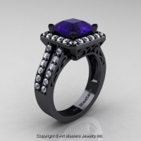 Art Deco 14K Black Gold 3.0 Ct Royal Emerald Cut Blue Sapphire Diamond Engagement Ring Wedding R262-14KBGDBS