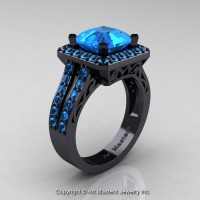 Art Deco 14K Black Gold 3.0 Ct Royal Emerald Cut Blue Topaz Engagement Ring Wedding R262-14KBGBT