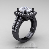 Art Deco 14K Black Gold 3.0 Ct Royal Emerald Cut White Sapphire Diamond Engagement Ring Wedding R262-14KBGDWS