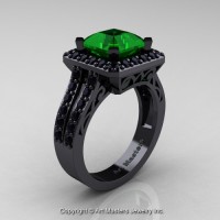 Art Deco 14K Black Gold 3.0 Ct Royal Emerald Cut Emerald Black Diamond Engagement Ring Wedding R262-14KBGBDEM