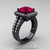 Art Deco 14K Black Gold 3.0 Ct Royal Emerald Cut Rose Ruby Diamond Engagement Ring Wedding R262-14KBGDRR