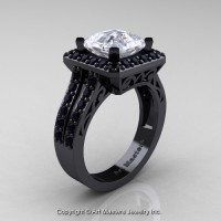 Art Deco 14K Black Gold 3.0 Ct Royal Emerald Cut White Sapphire Black Diamond Engagement Ring Wedding R262-14KBGBDWS