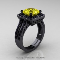 Art Deco 14K Black Gold 3.0 Ct Royal Emerald Cut Yellow Sapphire Black Diamond Engagement Ring Wedding R262-14KBGBDYS