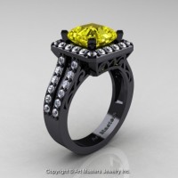 Art Deco 14K Black Gold 3.0 Ct Royal Emerald Cut Yellow Sapphire Diamond Engagement Ring Wedding R262-14KBGDYS