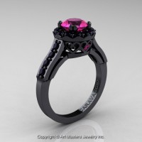 Caravaggio Italian 14K Black Gold 1.0 Ct Pink Sapphire Black Diamond Solitaire Engagement Ring R622-14KBGBDPS
