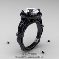 Caravaggio Italian 14K Black Gold 3.0 Ct Ice White Sapphire Black Diamond Engagement Ring Wedding Ring R620-14KBGBDWS
