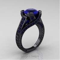 Classic 14K Black Gold 3.0 Ct Blue Sapphire Engraved Engagement Ring R364-14KBGBS