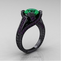 Classic 14K Black Gold 3.0 Ct Emerald Amethyst Engraved Engagement Ring R364-14KBGAMEM