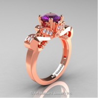 Classic 14K Rose Gold 1.0 Ct Amethyst White Diamond Solitaire Engagement Ring R323-14KRGDAM