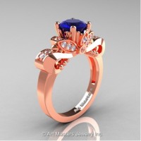 Classic 14K Rose Gold 1.0 Ct Blue Sapphire White Diamond Solitaire Engagement Ring R323-14KRGDBS