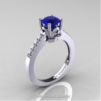 Classic French 14K White Gold 1.0 Ct Blue Sapphire Diamond Solitaire Ring R101-14WGDBS