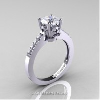 Classic French 14K White Gold 1.0 Ct White Sapphire Diamond Solitaire Ring R101-14WGDWS