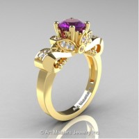 Classic 14K Yellow Gold 1.0 Ct Amethyst and White Diamond Solitaire Engagement Ring R323-14KYGDAM