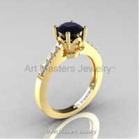 Classic French 14K Yellow Gold 1.0 Ct Black and White Diamond Solitaire Ring R101-14YGDBD